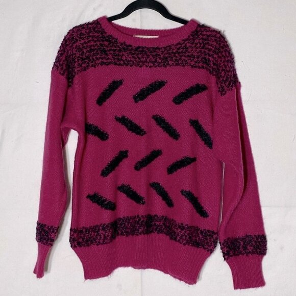 Vintage Franco Valeri Fuchsia Black Textured Knit Crew Neck Sweater M - Picture 2 of 13